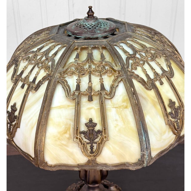 Bronze Antique Art Nouveau Carmel Slag Glass Table Lamp For Sale - Image 8 of 14