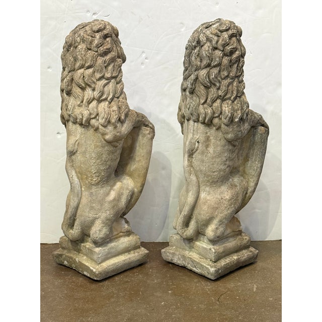 Gray Pair of Cast Stone Armorial Lion Garden Statues From England - Two Available For Sale - Image 8 of 15