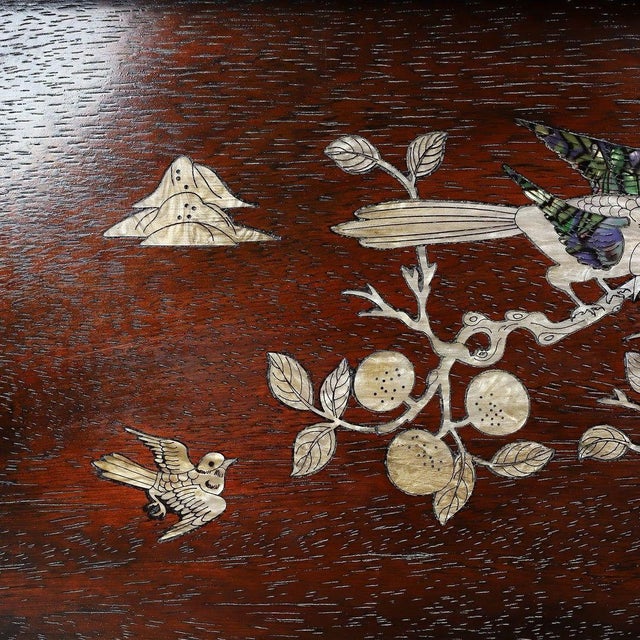 Brown Wooden Tea Tray With Mother-of-Pearl Bird and Landscape Inlay For Sale - Image 8 of 9