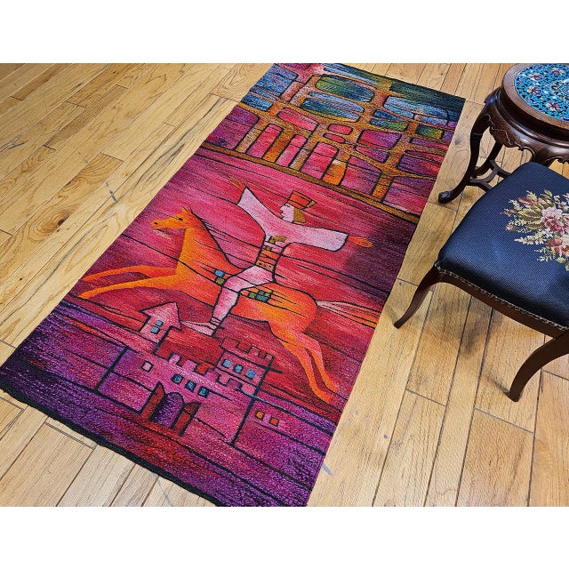Vintage Mid-Century Tapestry, Handwoven Wool, Marc Chagall Style, 40" X 86" For Sale In Chicago - Image 6 of 10