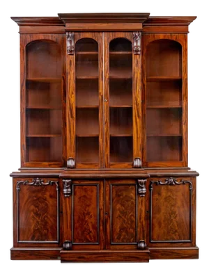 Early Victorian Flame Mahogany Breakfront Bookcase, 1850s