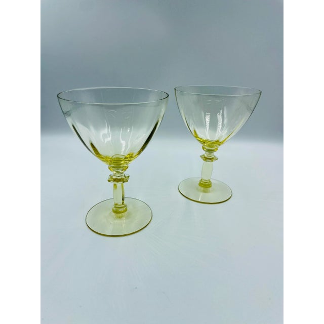 These lovely treasures from Fostoria come in the "Fairfax" pattern in June Topaz color with beautifully detailed stems....