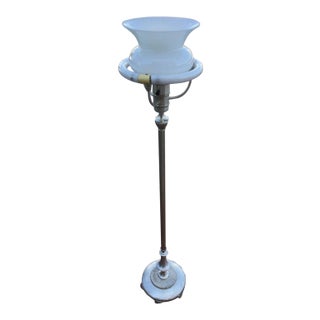 1930s Art Deco Slivered Metal Torchiere & Milk Glass Diffuser For Sale