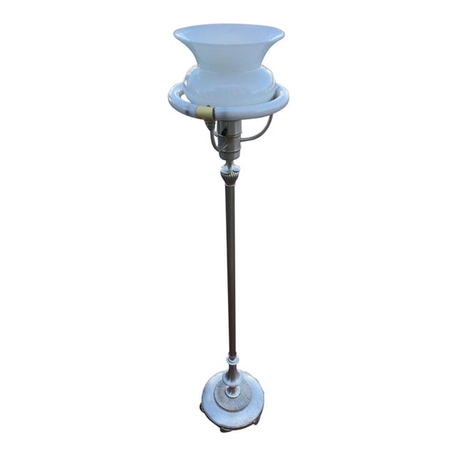 1930s Art Deco Slivered Metal Torchiere & Milk Glass Diffuser For Sale