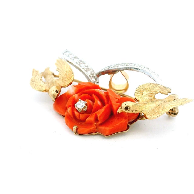 Vintage Italian 18k Gold Platinum Diamond Sardinian Coral Rose Dove Brooch Pendant For Sale - Image 9 of 9