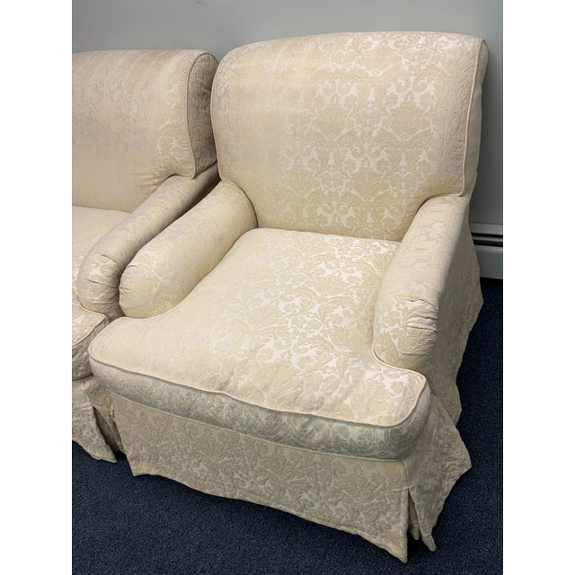 Transitional Vintage Pem-Kay Cream Damask Skirted Chairs - A Pair For Sale - Image 3 of 11