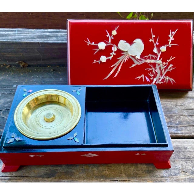 Vintage Japanese Red Lacquer Smoking Box With Mother-of-Pearl Birds and Brass Ash Receiver For Sale In San Francisco - Image 6 of 16