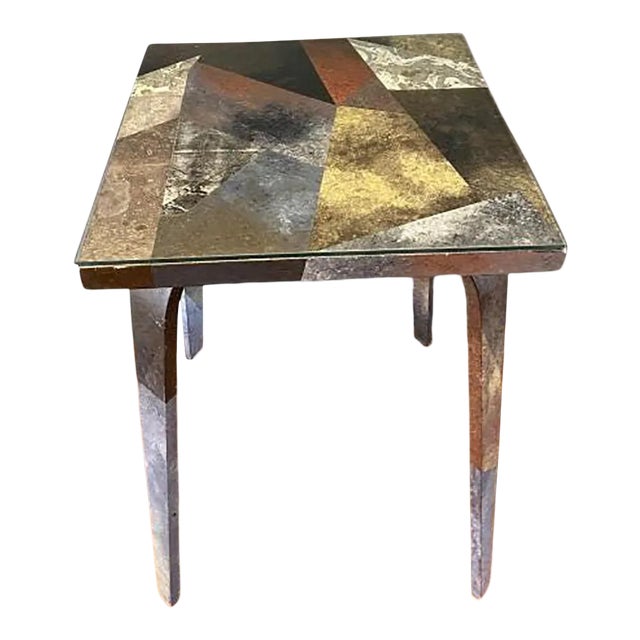 Modernist Artisan Made Decoupage Side Table, Signed For Sale