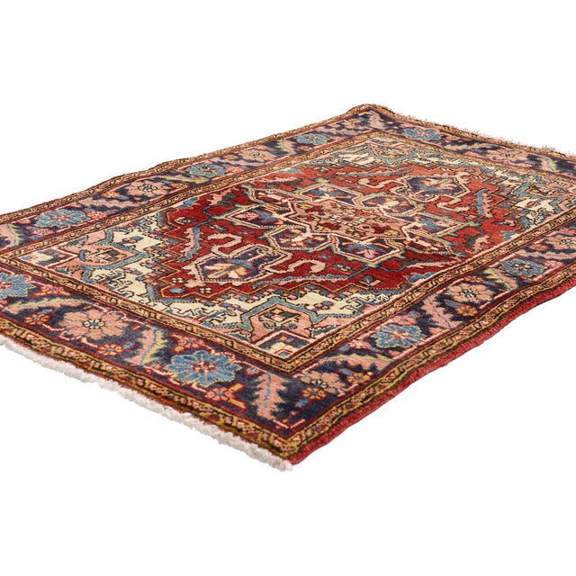 61514 Vintage Persian Heriz Rug, 02'09 x 04'05. The Crimson Bloom: A Vintage Heriz Masterpiece of Regal Geometry Hand-...