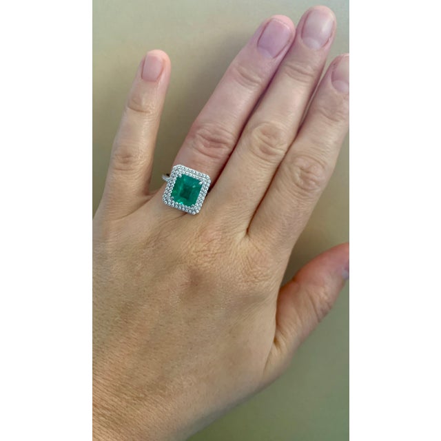 4 Carat Emerald Cut Colombian Emerald and Diamond Platinum Ring Estate For Sale - Image 12 of 18