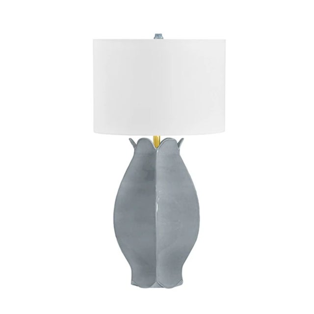Worlds Away Matthew Izzo Home Mae Gray/Blue Glazed Ceramic Table Lamp With Shade and Ceramic Finial For Sale - Image 4 of 7