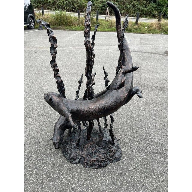 Bronzed Metal Swimming Otters in Kelp Garden Fountain Sculpture For Sale - Image 15 of 16