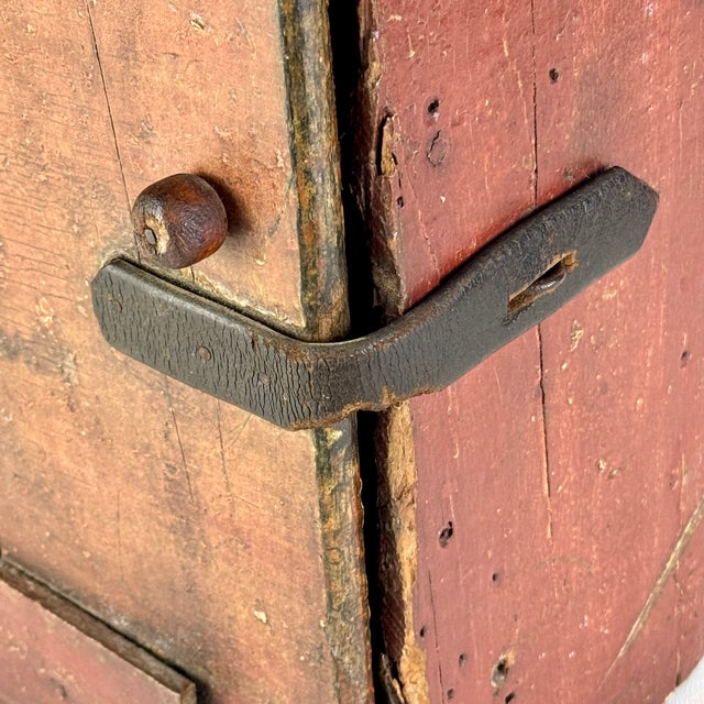 Early 19th C. Americana Primitive Small Handmade Wall Cupboard With Leather Straps Hinges & Latch For Sale - Image 10 of 14