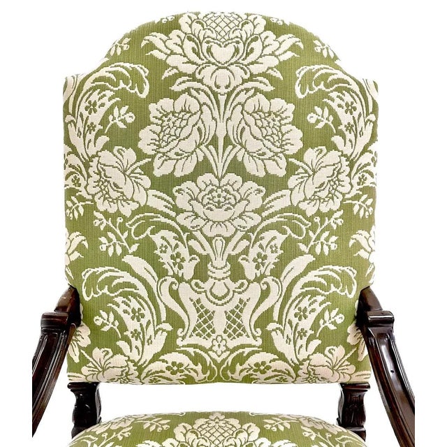 Late 20th Century Vintage Carved & Green Floral Damask Armchair For Sale - Image 5 of 12