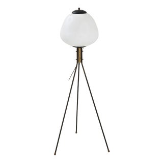 Mid-Century Modern Tripod Floor Lamp in Brass and Opaline Glass, Italy, 1960 For Sale
