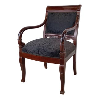 Antique Empire Style Mahogany Armchair With Black Damask Upholstery For Sale