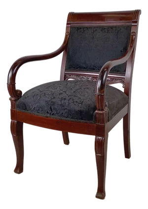 Antique Empire Style Mahogany Armchair With Black Damask Upholstery