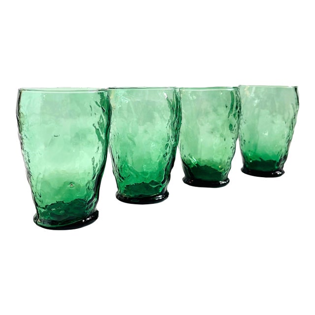 Mid Century Green Crinkle Glass Tumblers - Set of 4 For Sale