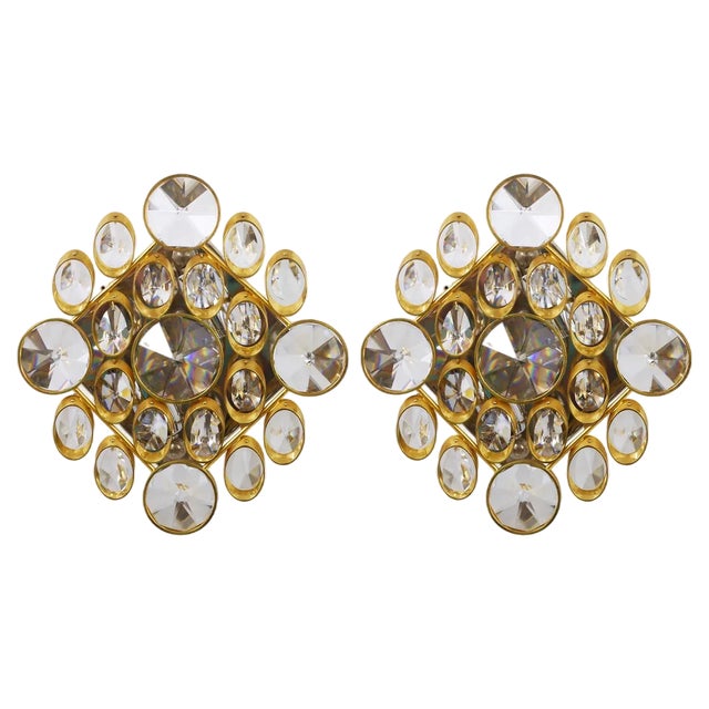 Vintage Sconces in Brass and Crystal by Gaetano Sciolari, 1970s, Set of 2 For Sale