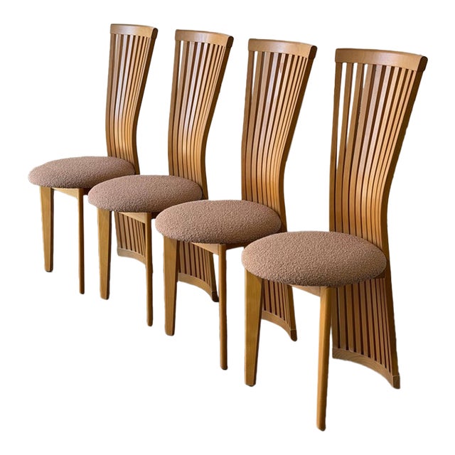 Highback Slat Dining Chairs Set of 4 New Upholstery Vintage Mid-Century Modern 1970s For Sale