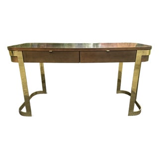 Mid-Century Modern Floating-Top Walnut Desk With Brass Base by John Stuart For Sale