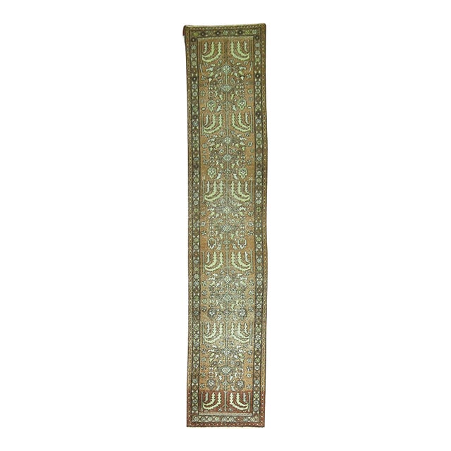 Antique Persian Heriz Brown Green Runner - 1'10" x 9'8" For Sale