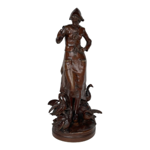 A Patinated Bronze Sculpture of a Standing Lady Feeding Ducks by Lalouette