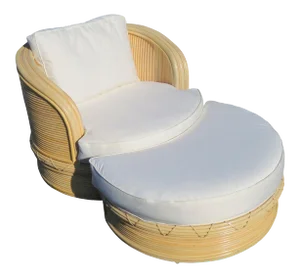 Vintage 1980s Pencil Reed Rattan Swivel Lounge Chair With Ottoman in the Manner of Gabriella Crespi