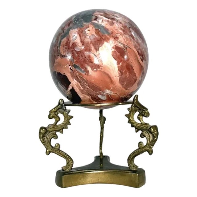 Pink/Red Marble Sphere Brass on Dragon Stand For Sale