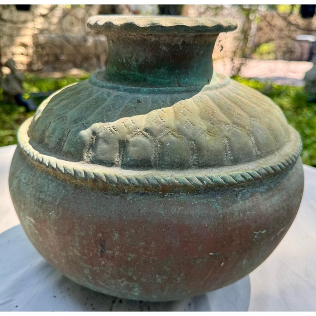 Metal Large Vintage Metal Water Jug / Vessel With Hand Tooled Designs and Amazing Patina From India For Sale - Image 7 of 12