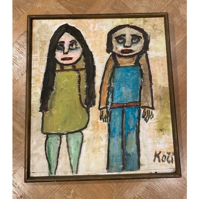 Green, black and blue folk art painting of man and woman. Painted on wood panel with wood frame. Ready to hang. Signed by...