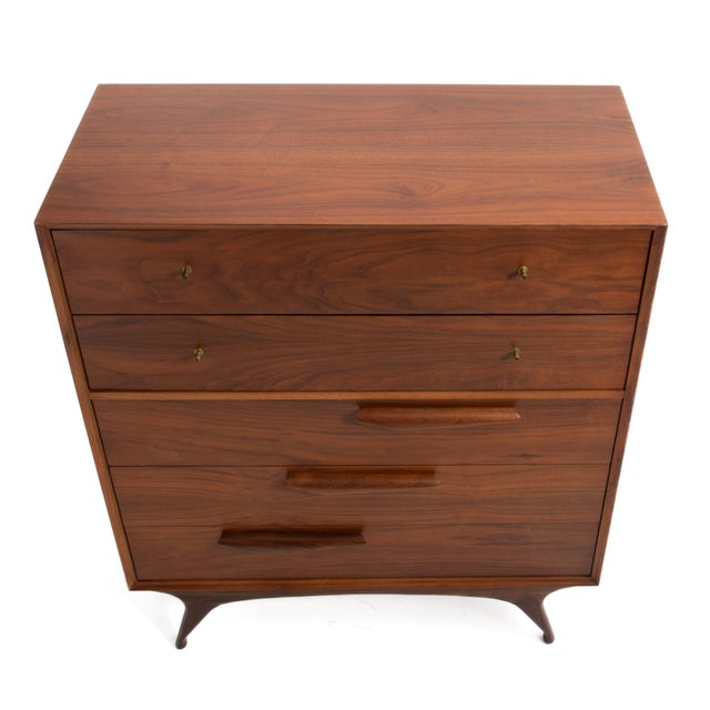 Mid Century Sculptural Walnut Bedroom Set Tall Chest Dresser Two Nightstands Made in Japan 1960s For Sale - Image 11 of 18