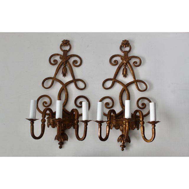Vintage Italian Florentine Style Gold Finished Scrolling Arms Electric Wall Sconces- A Pair For Sale - Image 11 of 15