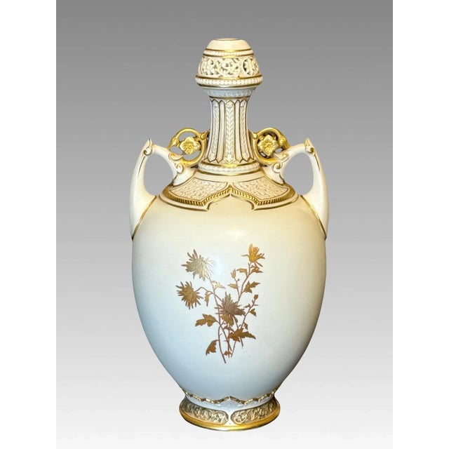 Antique Royal Worcester Porcelain Reticulated Vase, 24 Carat Gold Chrysanthemum Decoration, Aesthetic Movement C1888 #1200 (The Persian Vase) For Sale - Image 4 of 12