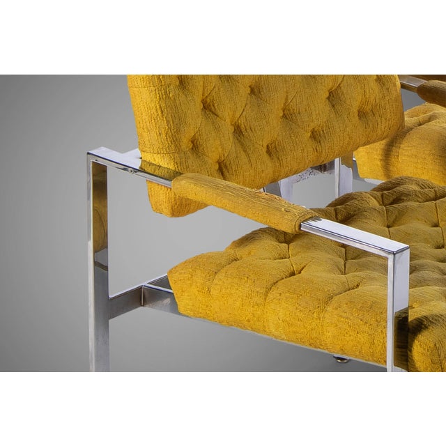 Mid-Century Modern Tagged Milo Baughman for Thayer Coggin Chrome Lounge Chairs in Tufted Canary, USA, circa 1970's - A Pair For Sale - Image 3 of 9