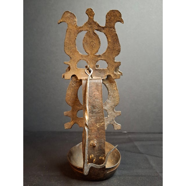 Metal Rare 18th C Wrought Iron Double Crusie Phoebe Grease Lamp Bird Motif Folk Art For Sale - Image 7 of 18