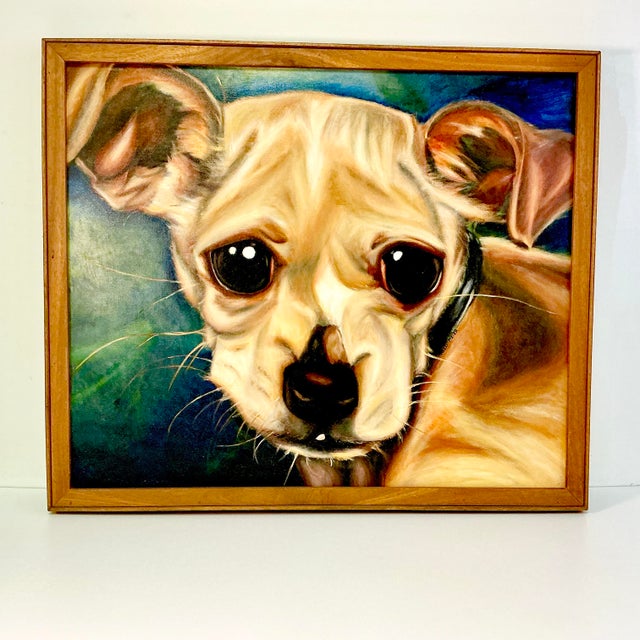 1989 Vintage Large Scale Contemporary Dog Portrait Original Oil Painting, “Chester” Artist Signed For Sale - Image 4 of 13