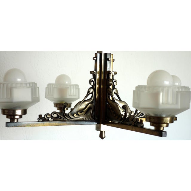 French Art Deco Brass and Satin Glass 4-Light Chandelier, 1920s For Sale - Image 12 of 15