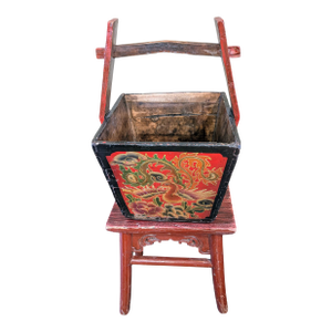 Antique Chinese Wood Water Bucket and Red Lacquer Stool