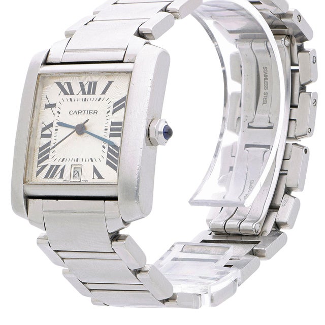 1990s Cartier Tank Francaise 2302 Large Steel Guilloche Roman Dial Blue Hands Watch For Sale - Image 11 of 12