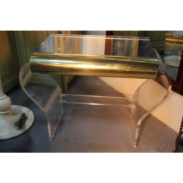 Metal Mid-Century Modern Gold and Lucite Mirror Top Vanity For Sale - Image 7 of 12