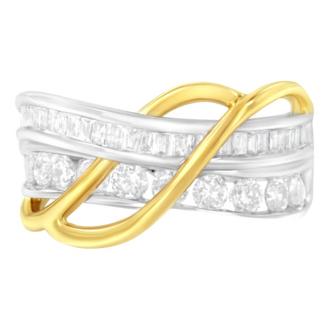 10K White and Yellow Gold 1 1/10 cttw Channel-Set Diamond Bypass Band Ring (J Color, I3 Clarity) - Size 8 For Sale
