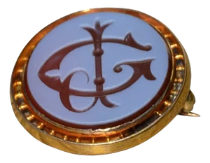 Antique 18K Yellow Gold Pin/Brooch Combination with Hand Engraved Chalcedony