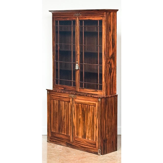 English Two-Tiered Glass Front Bookcases of Figured Wood - Two Available For Sale - Image 9 of 17
