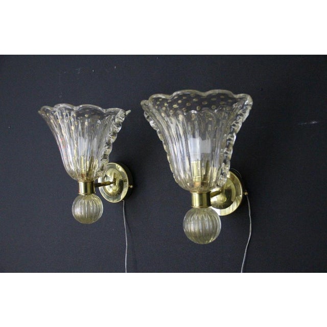 Trumpet-Shaped Gilded Murano Glass Polugoso Wall Sconces, 1990s, Set of 2 For Sale - Image 8 of 16