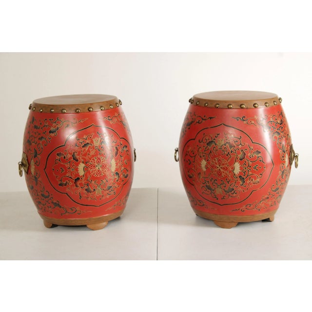 High Quality Asian Inspired Vintage Pair of Chinese Style Hand Painted Drum Accent Side Table Or Stool With Brass Finish...