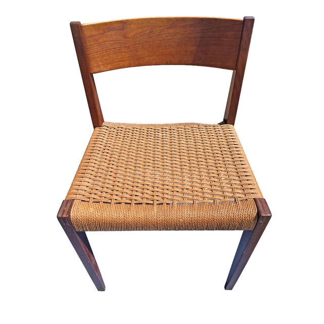 Vintage Mid Century Modern Teak Danish Dinging Chairs With Rattan Paper Cord Rope Seating Set of 4 For Sale - Image 4 of 9
