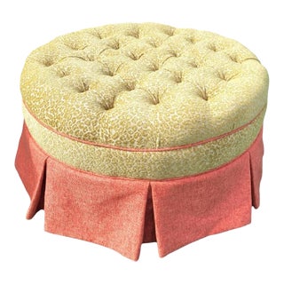 Custom Made Round Tufted Salmon Skirted Leopard Chartreuse Ottoman For Sale