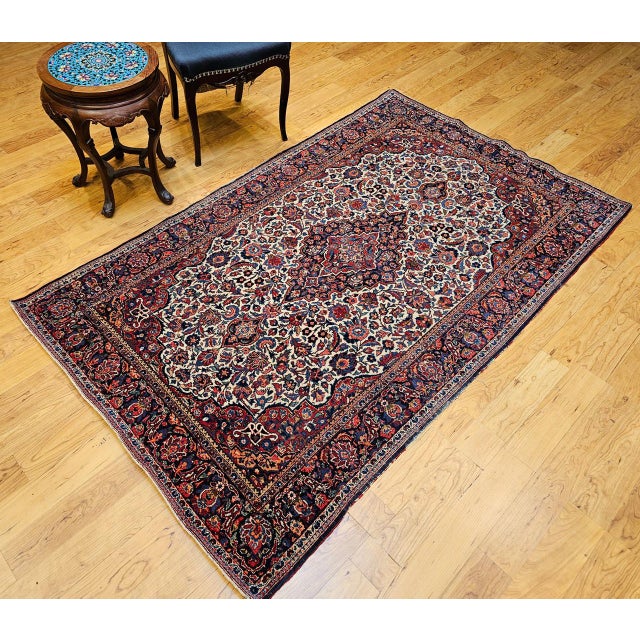 Textile Early 20th Century Kashan Rug, Hand-Knotted Wool, Floral Design, Ivory & Blue, 4x7 For Sale - Image 7 of 17