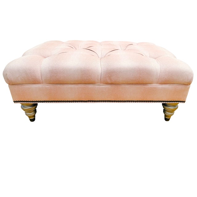 2000 - 2009 Ethan Allen Custom Tufted Pink Textured Ottoman With Nailhead Trim For Sale - Image 5 of 11